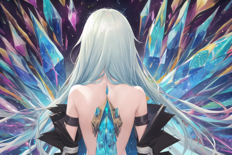 00078-3945934411-back, (1 girl), impasto, delicate anime face, crystal, messy long hair, colorful background, colorful, dissolution