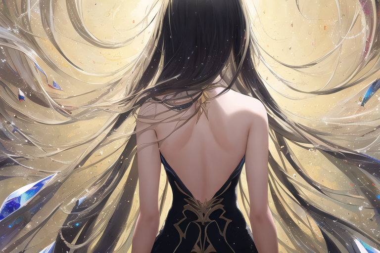 00079-3945934412-back, (1 girl), impasto, delicate anime face, crystal, messy long hair, colorful background, colorful, dissolution