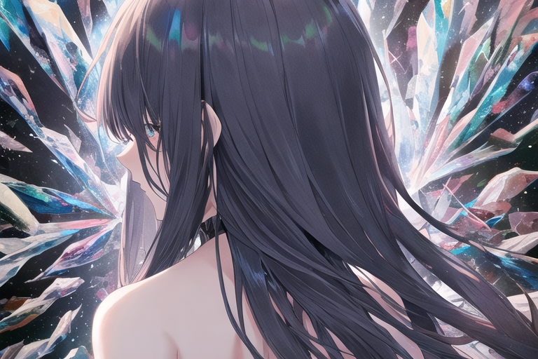 00080-3945934413-back, (1 girl), impasto, delicate anime face, crystal, messy long hair, colorful background, colorful, dissolution