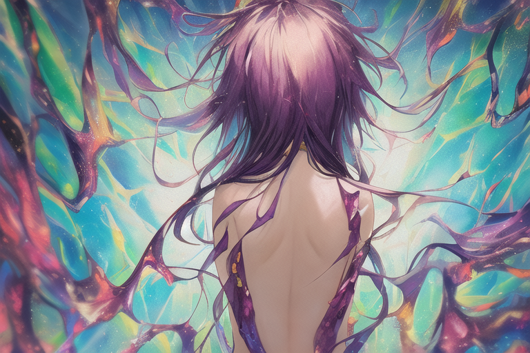 00083-3945934416-back, (1 girl), impasto, delicate anime face, crystal, messy long hair, colorful background, colorful, dissolution